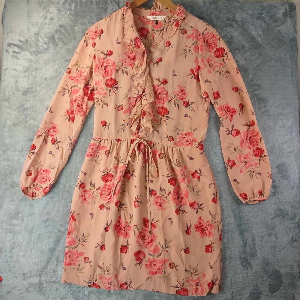 Rebecca Taylor Womens 0 Pink Floral Midi Dress‎ Ruffle Cinched Waist Cottagecore